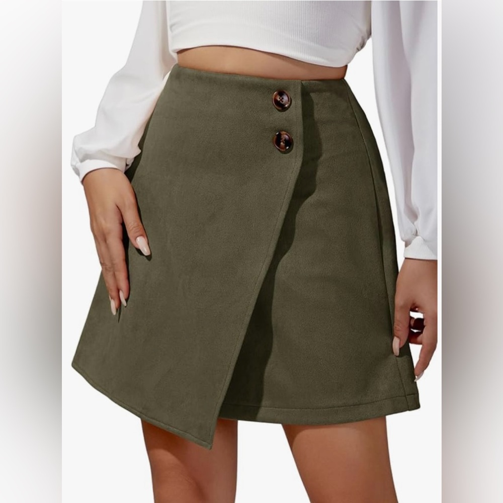 Olive Green High Waist Faux Suede Button Front Asymmetrical A-line Mini Skirt